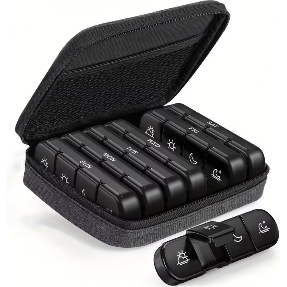Pillen-Organizer für Reisen 7 Tage und 4 Einnahmen täglich tragbare Tablettenbox mit eleganter Tasche - Schwarz