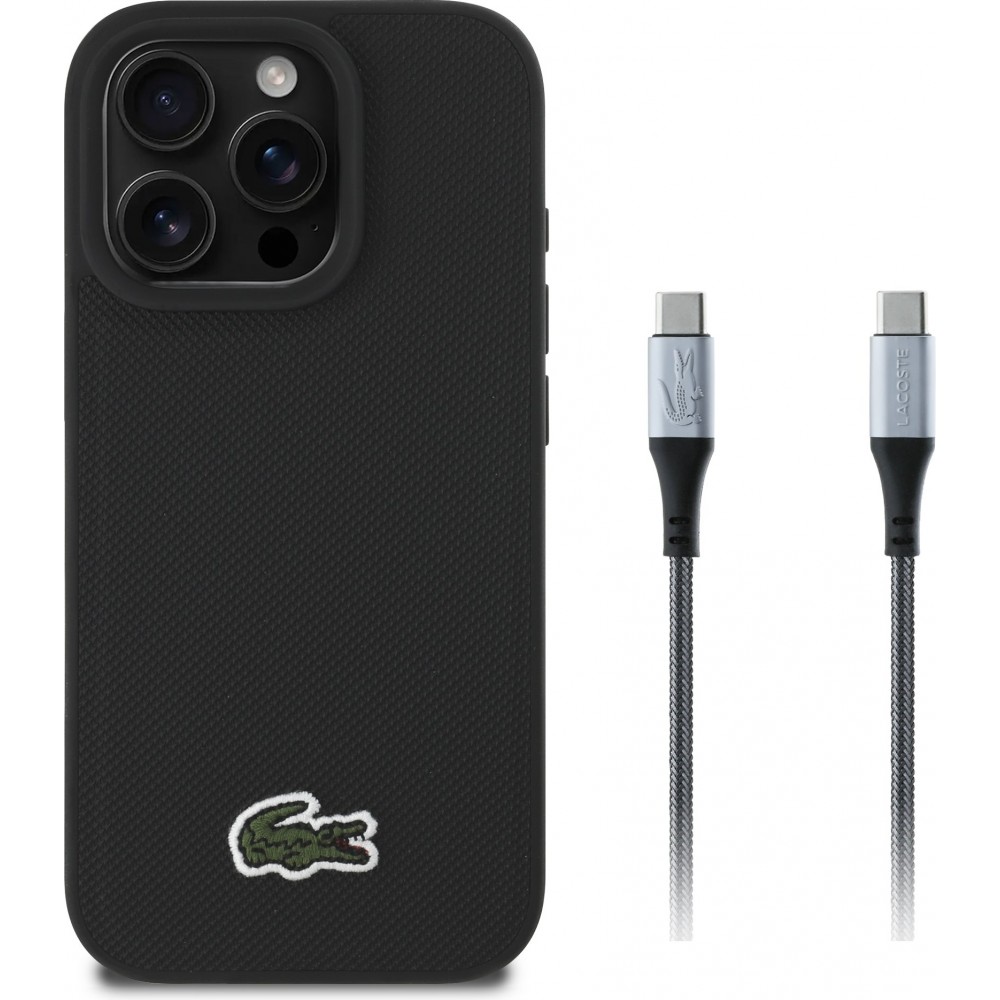 iPhone 16 Pro Max Case Hülle - Lacoste Iconique Petit Piqué Pack mit gewebtem Logo und USB-C zu USB-C Datenkabel - Schwarz