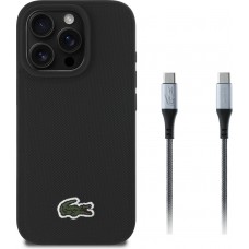 iPhone 16 Pro Max Case Hülle - Lacoste Iconique Petit Piqué Pack mit gewebtem Logo und USB-C zu USB-C Datenkabel - Schwarz