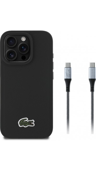 iPhone 16 Pro Max Case Hülle - Lacoste Iconique Petit Piqué Pack mit gewebtem Logo und USB-C zu USB-C Datenkabel - Schwarz