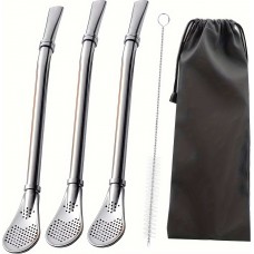 Paille en acier inoxydable pour yerba mate (3 pi&egrave;ces) r&eacute;utilisables avec brosse de nettoyage et sac