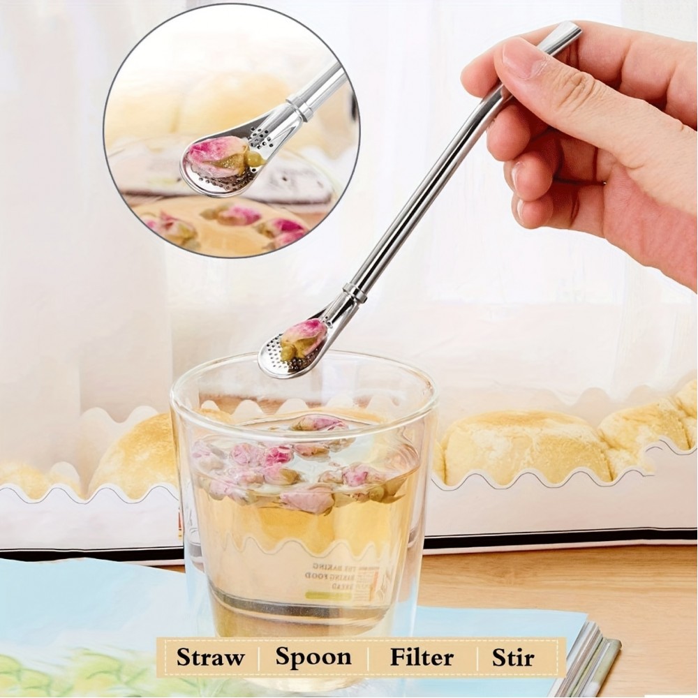 Paille en acier inoxydable pour yerba mate (3 pi&egrave;ces) r&eacute;utilisables avec brosse de nettoyage et sac