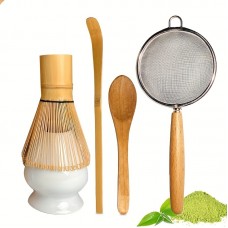 Set &agrave; matcha de 5 accessoires en bambou pour pr&eacute;paration th&eacute; vert japonais (fouet chasen / support / tamis / cuill&egrave;res)