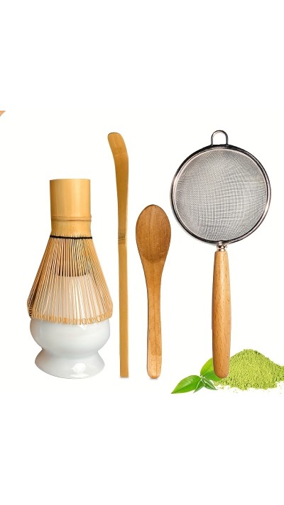 Bambus-Matcha-Set mit 5 Zubehörteilen für die Zubereitung von grünem japanischen Tee (Chasen, Halter, Sieb, Löffel)