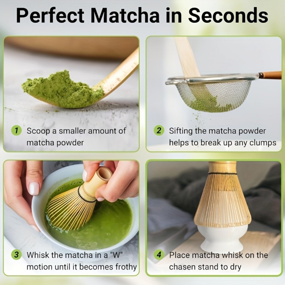 Set &agrave; matcha de 5 accessoires en bambou pour pr&eacute;paration th&eacute; vert japonais (fouet chasen / support / tamis / cuill&egrave;res)