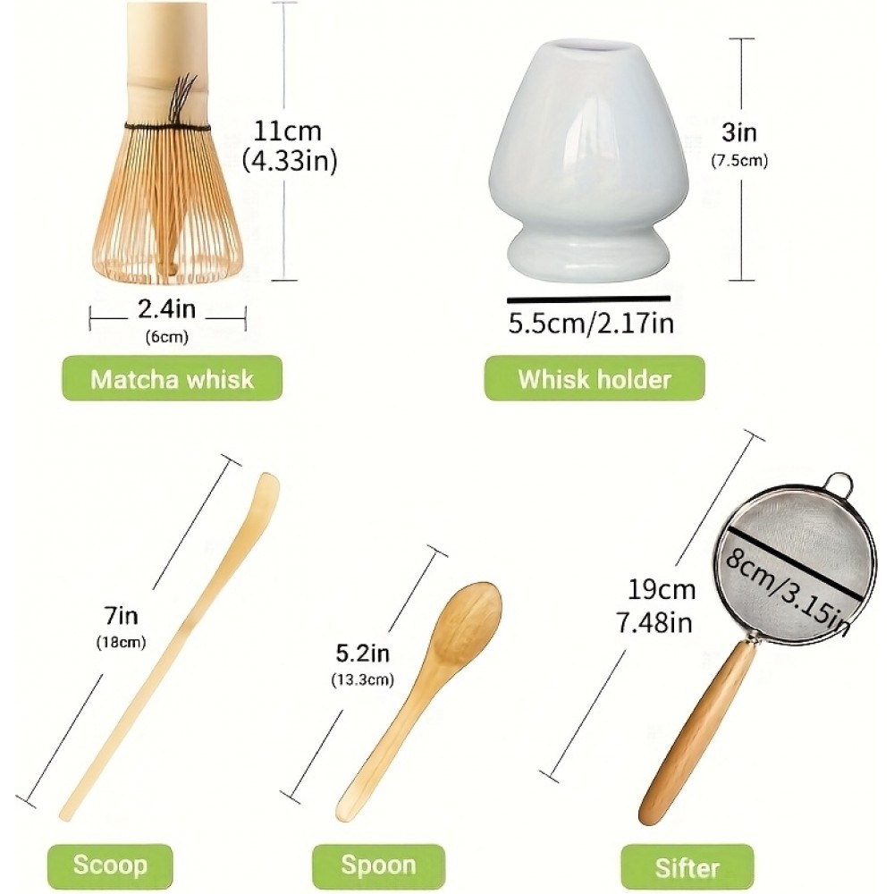 Set &agrave; matcha de 5 accessoires en bambou pour pr&eacute;paration th&eacute; vert japonais (fouet chasen / support / tamis / cuill&egrave;res)