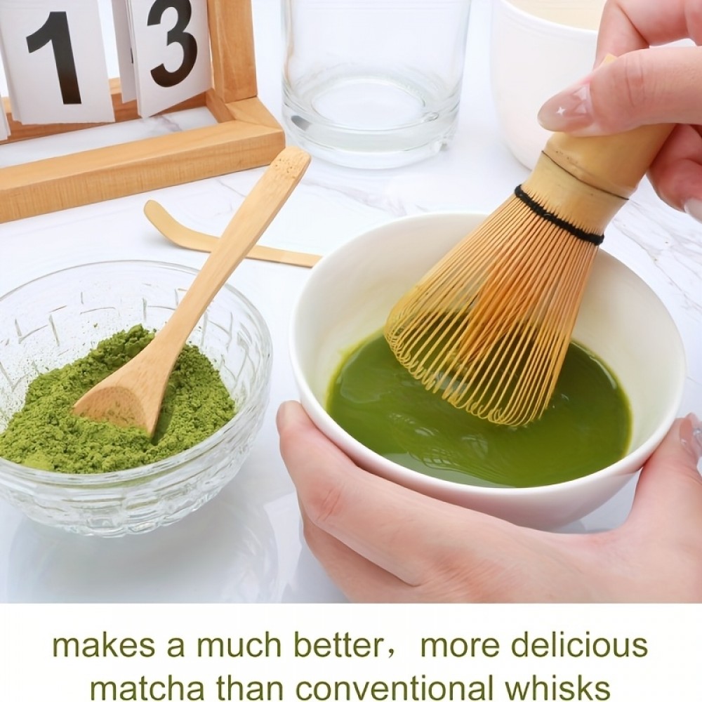 Set &agrave; matcha de 5 accessoires en bambou pour pr&eacute;paration th&eacute; vert japonais (fouet chasen / support / tamis / cuill&egrave;res)