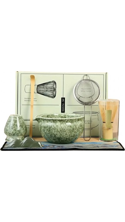7-teiliges Matcha-Zeremonie-Set mit Holzbesen (Chasen) / Halterung / Keramikschale und Zubehör - Grün