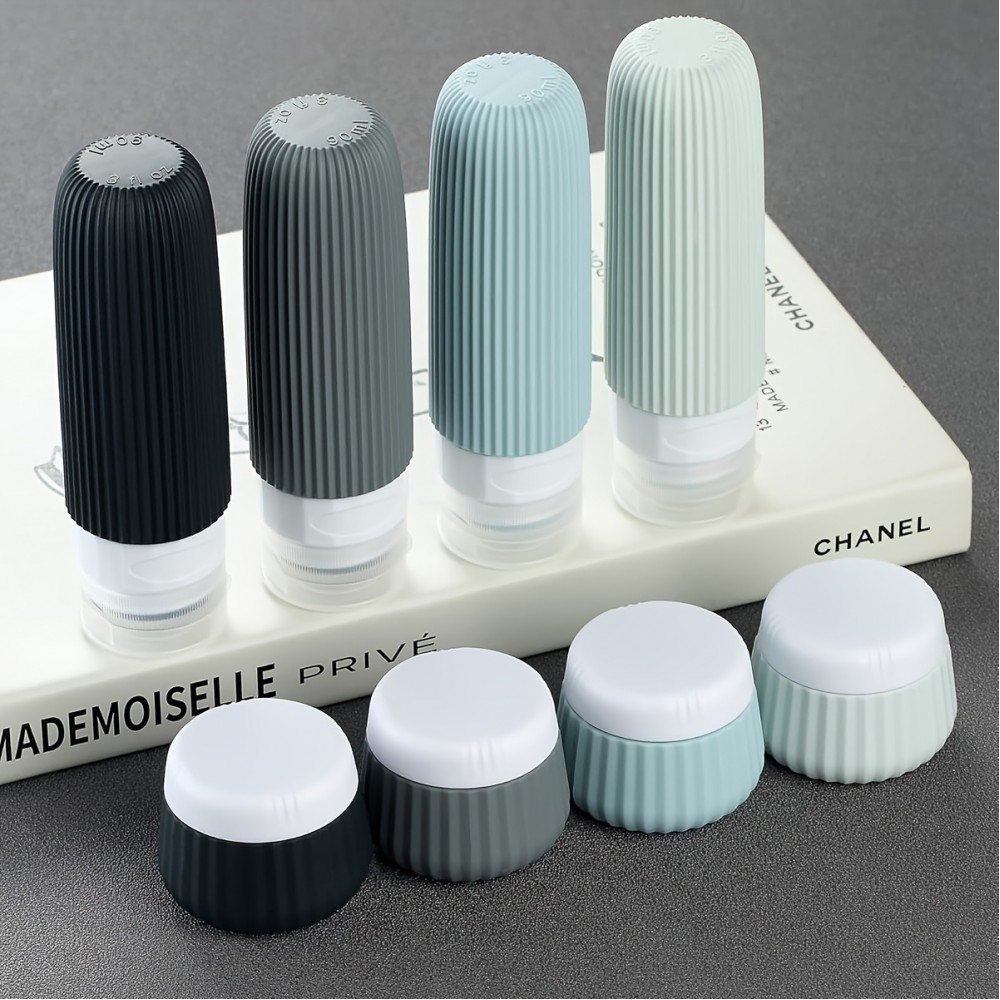 Set de voyage bouteilles en silicone (8 pi&egrave;ces) &eacute;tanches pour cosm&eacute;tiques et hygi&egrave;ne avec sac transparent zipp&eacute; (tubes 90 ml)