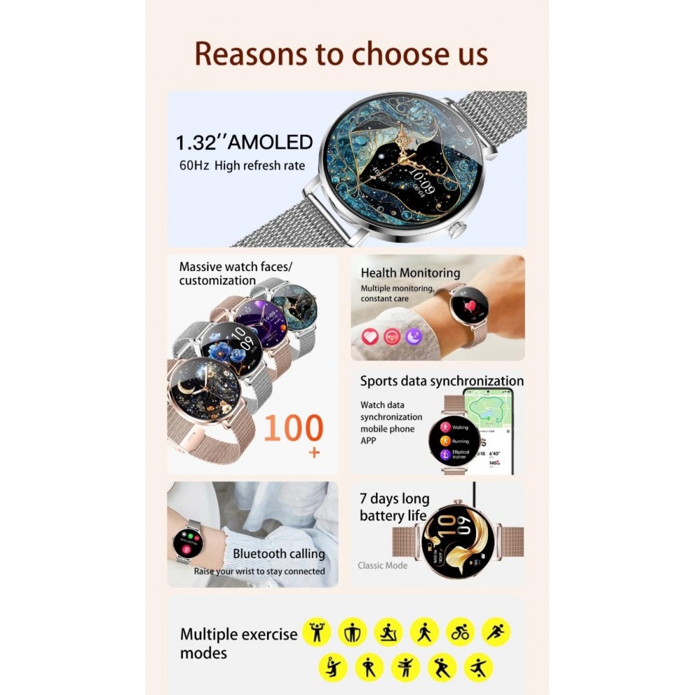 Smart Watch NX21 mit Touchscreen-LED Sport-/Fitness-/Schlafprogrammen - Mailänder Armband - Silber