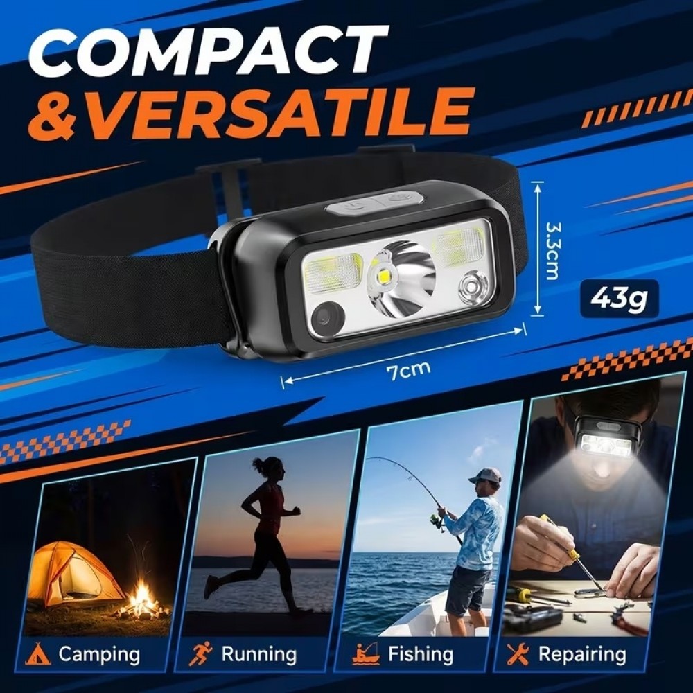 Smiling Shark Stirnlampe mit Bewegungsmelder 6 Leuchtmodi verstellbares Kopfband leicht für Camping Wandern Angeln und Höhlenforschung - Schwarz