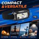 Smiling Shark Stirnlampe mit Bewegungsmelder 6 Leuchtmodi verstellbares Kopfband leicht für Camping Wandern Angeln und Höhlenforschung - Schwarz