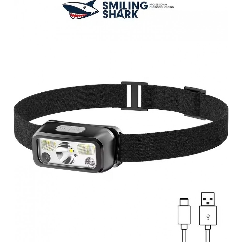 Smiling Shark Stirnlampe mit Bewegungsmelder 6 Leuchtmodi verstellbares Kopfband leicht für Camping Wandern Angeln und Höhlenforschung - Schwarz