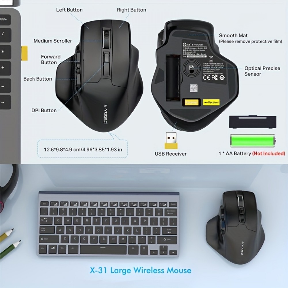 E-YOOSO X-31 Ergonomische Kabellose Gaming-Maus 5 DPI mit USB-A Adapter - Schwarz