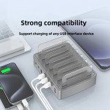 Universelles 72W Multi-Telefon-Ladestation - Schneller Multi-Port-Ladegerät mit 2x Typ-C, 4x USB, DC und AC für Smartphones, Tablets mit Halterung - Silber