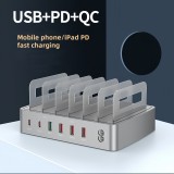 Universelles 72W Multi-Telefon-Ladestation - Schneller Multi-Port-Ladegerät mit 2x Typ-C, 4x USB, DC und AC für Smartphones, Tablets mit Halterung - Silber