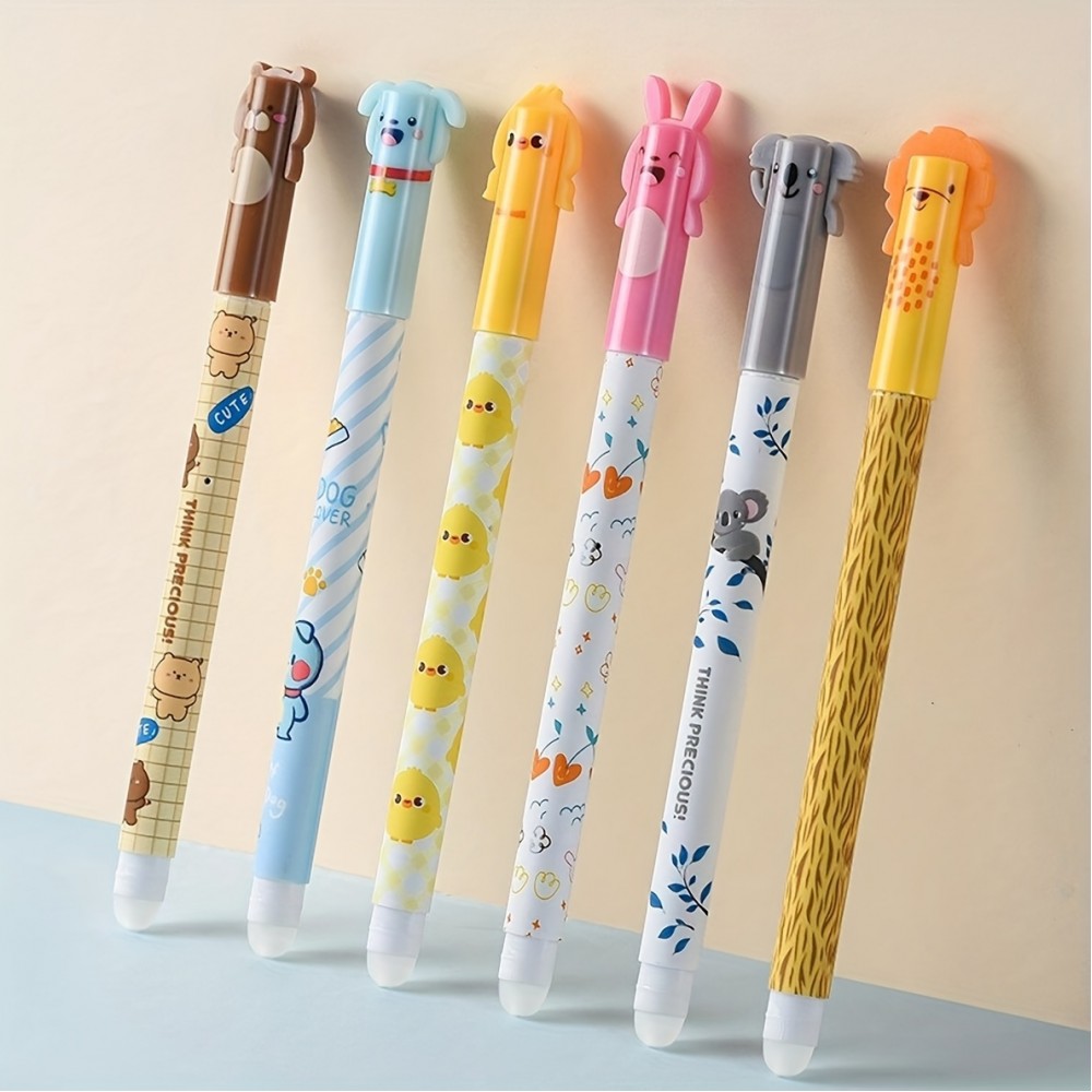 Stylos gel effa&ccedil;ables bleus avec animaux mignons et recharges pour &eacute;cole/bureau (lot de 6 pi&egrave;ces)