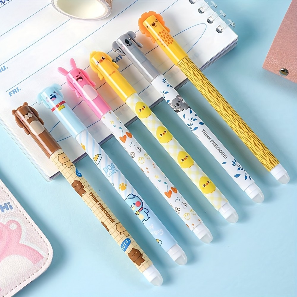 Stylos gel effa&ccedil;ables bleus avec animaux mignons et recharges pour &eacute;cole/bureau (lot de 6 pi&egrave;ces)