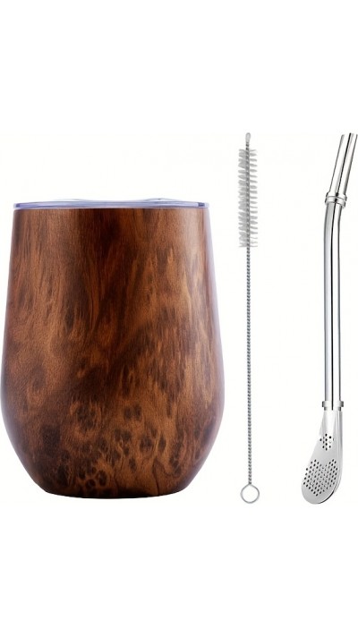 Yerba Mate Tasse Kit 250 ml mit Bombilla, Deckel, Strohhalm & Reinigungsbürste - Holz