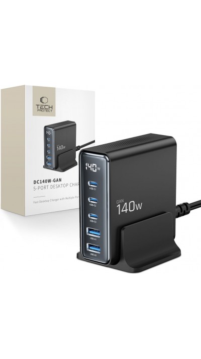 Tech-Protect DC140W-GAN Mehrport-Ladestation mit 5 Anschlüssen 3x PD USB-C und 2x QC 3.0 USB-A - Schwarz