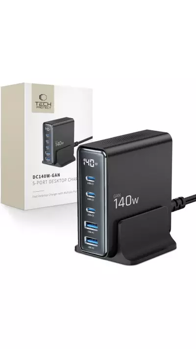 Tech-Protect DC140W-GAN Mehrport-Ladestation mit 5 Anschlüssen 3x PD USB-C und 2x QC 3.0 USB-A - Schwarz