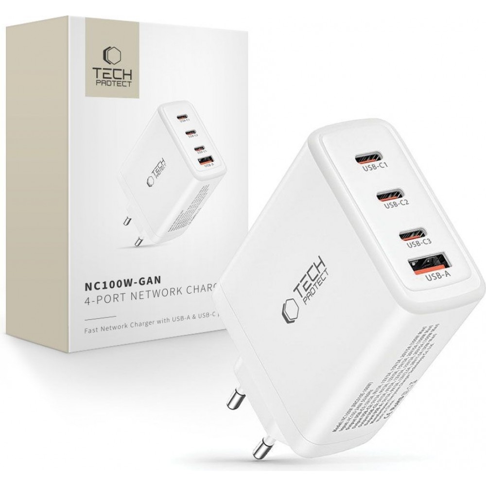 Tech-Protect NC100W-GAN 100W Ladeger&auml;t 3x USB-C PD / USB-A QC 3.0 - Weiss