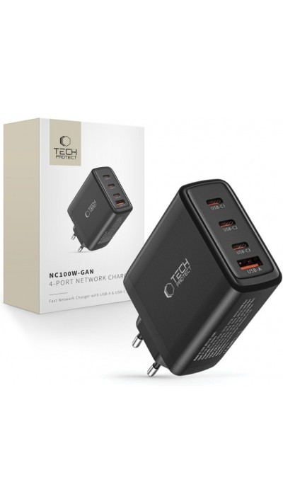 Tech-Protect NC100W-GAN 100W Ladeger&auml;t 3x USB-C PD / USB-A QC 3.0 - Schwarz