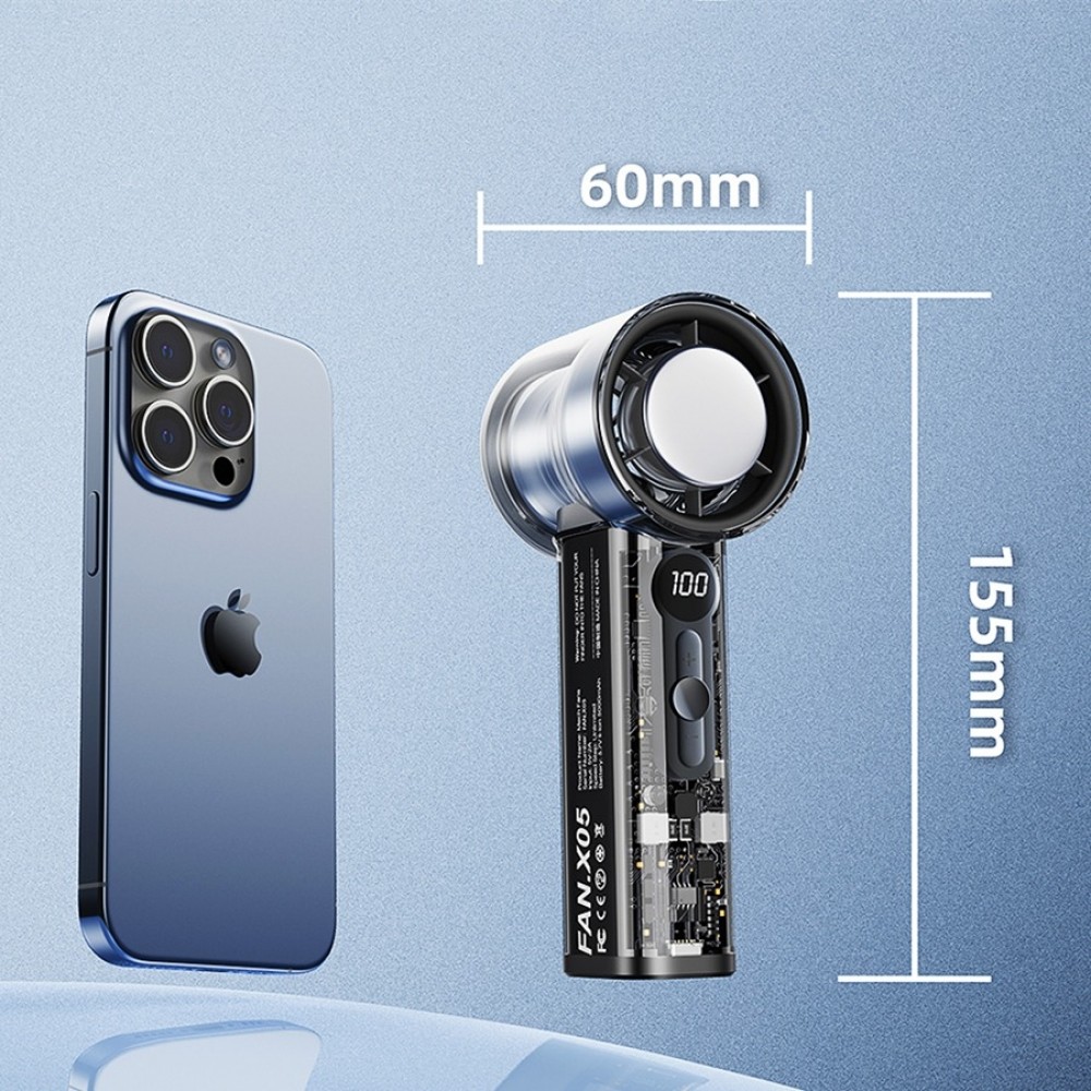 Ventilateur portable puissant FAN X05 mini format de poche avec régulation de vitesse et rechargeable rapidement via USB-C (câble inclus) - Noir