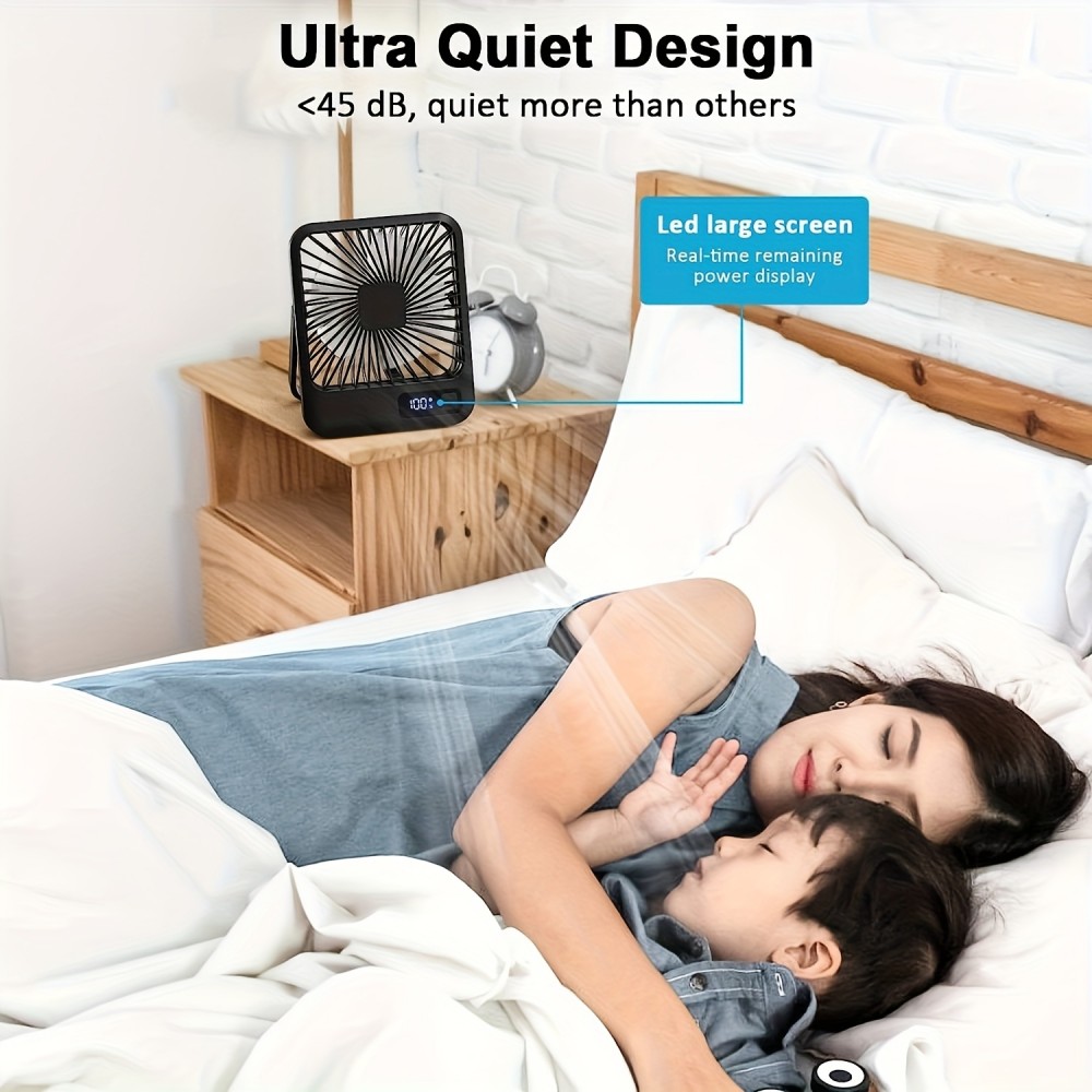 Ventilateur portable USB rechargeable 1800mAh 5 vitesses incliné 180° affichage numérique compact - Noir