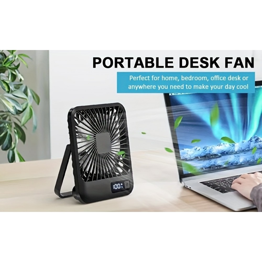 Ventilateur portable USB rechargeable 1800mAh 5 vitesses incliné 180° affichage numérique compact - Noir