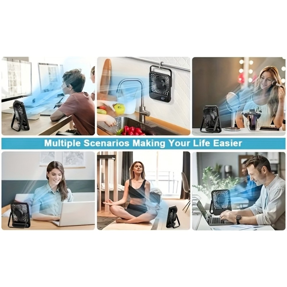 Ventilateur portable USB rechargeable 1800mAh 5 vitesses incliné 180° affichage numérique compact - Noir