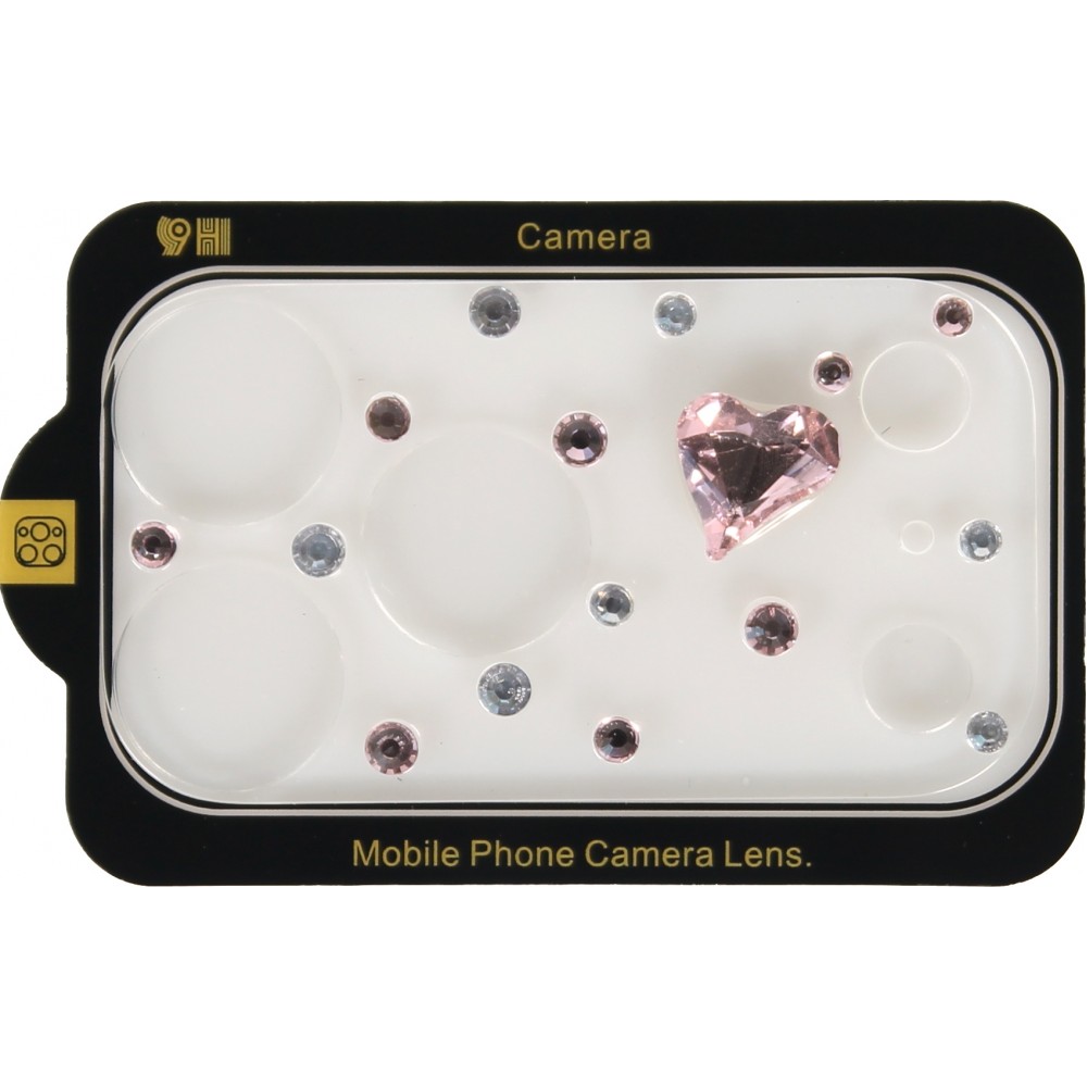 Vitre de protection caméra 3D luxe pailletée effet diamant cœur arc-en-ciel - Rose - iPhone 17 Pro Max