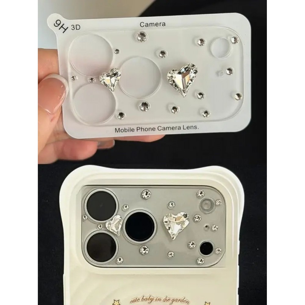 Vitre de protection caméra 3D luxe pailletée effet diamant cœur arc-en-ciel - Rose - iPhone 17 Pro Max