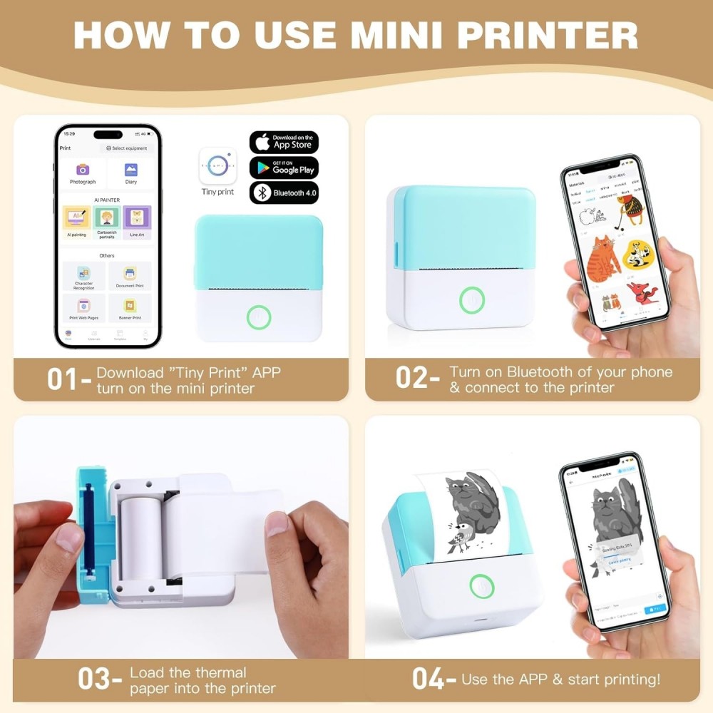 X6 Mini imprimante portable thermique Bluetooth sans encre avec papier et autocollants - Bleu