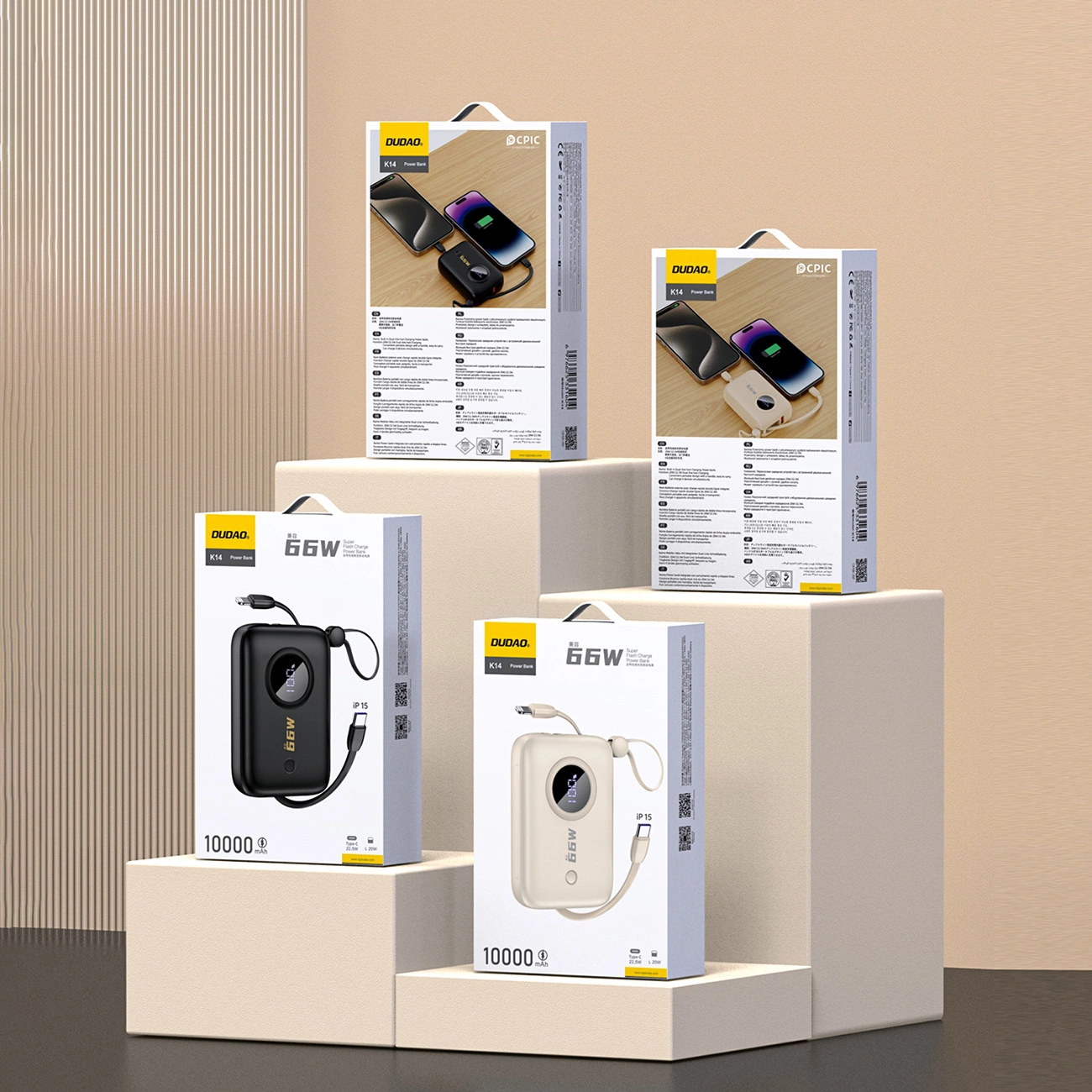 Dudao K14 Power Bank 10000mAh mit integriertem USB-C & Lightning Kabel QC 3.0 Fast Charge - Schwarz