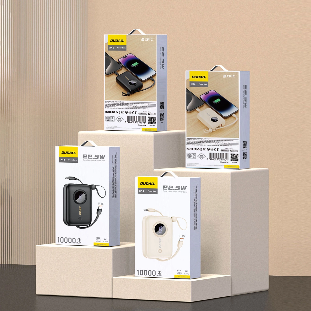 Dudao K14 Power Bank 10000mAh mit integriertem USB-C & Lightning Kabel QC 3.0 Fast Charge - Schwarz